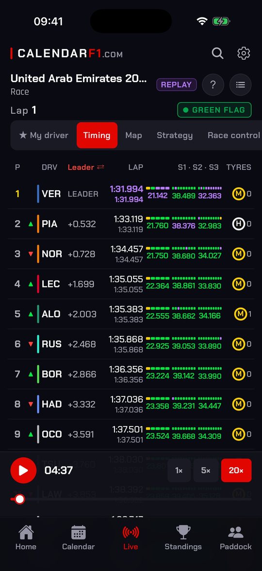 Live timing with positions, gaps, sectors and tyres