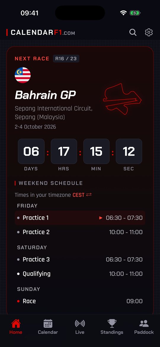 Next race with a countdown and the weekend schedule in your time zone