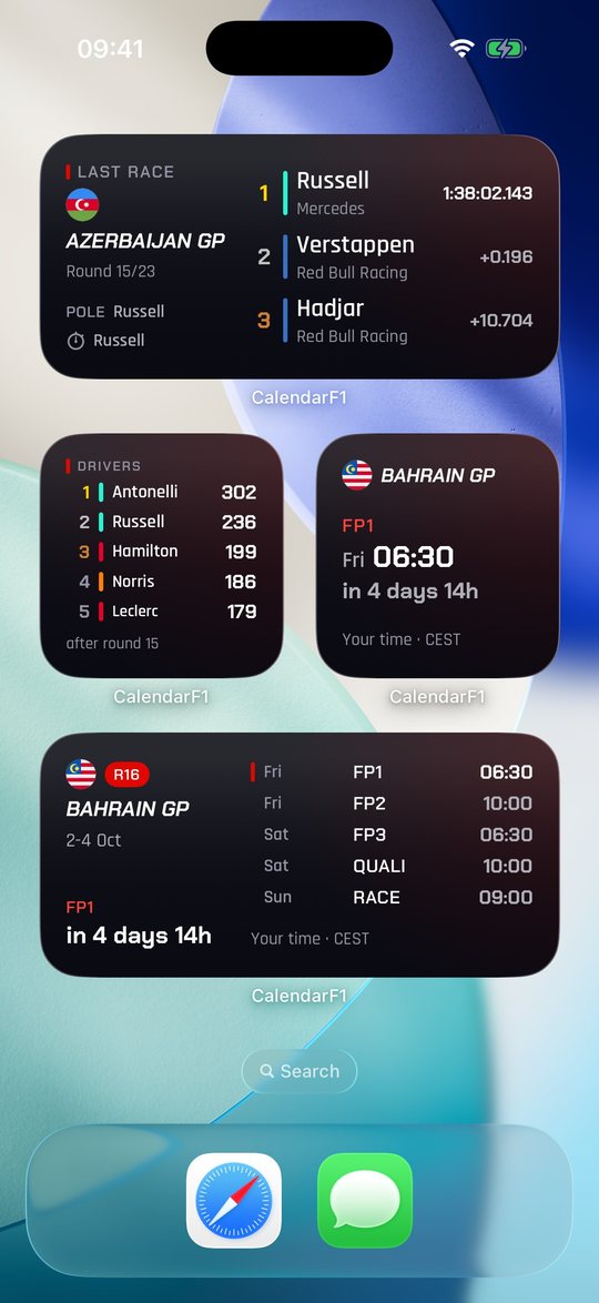 Home screen widgets: next session, race weekend, standings and last podium